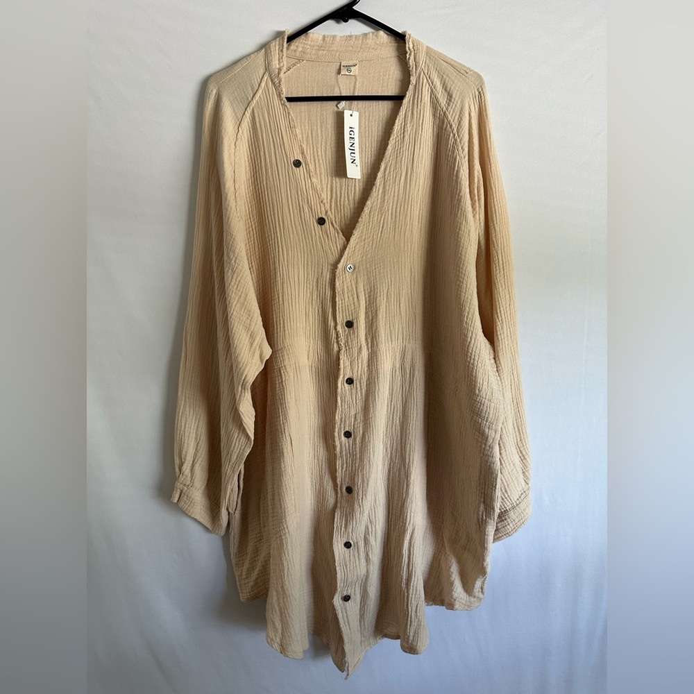 New iGenjun Women's Crinkle Gauze Button Front Cotton Boho Tunic, Ivory 2XL